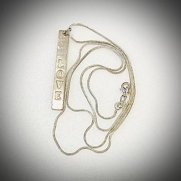 Sterling Silver LOVE Engraved Bar Pendant on Sterling Snake Chain - Picture 2 of 9